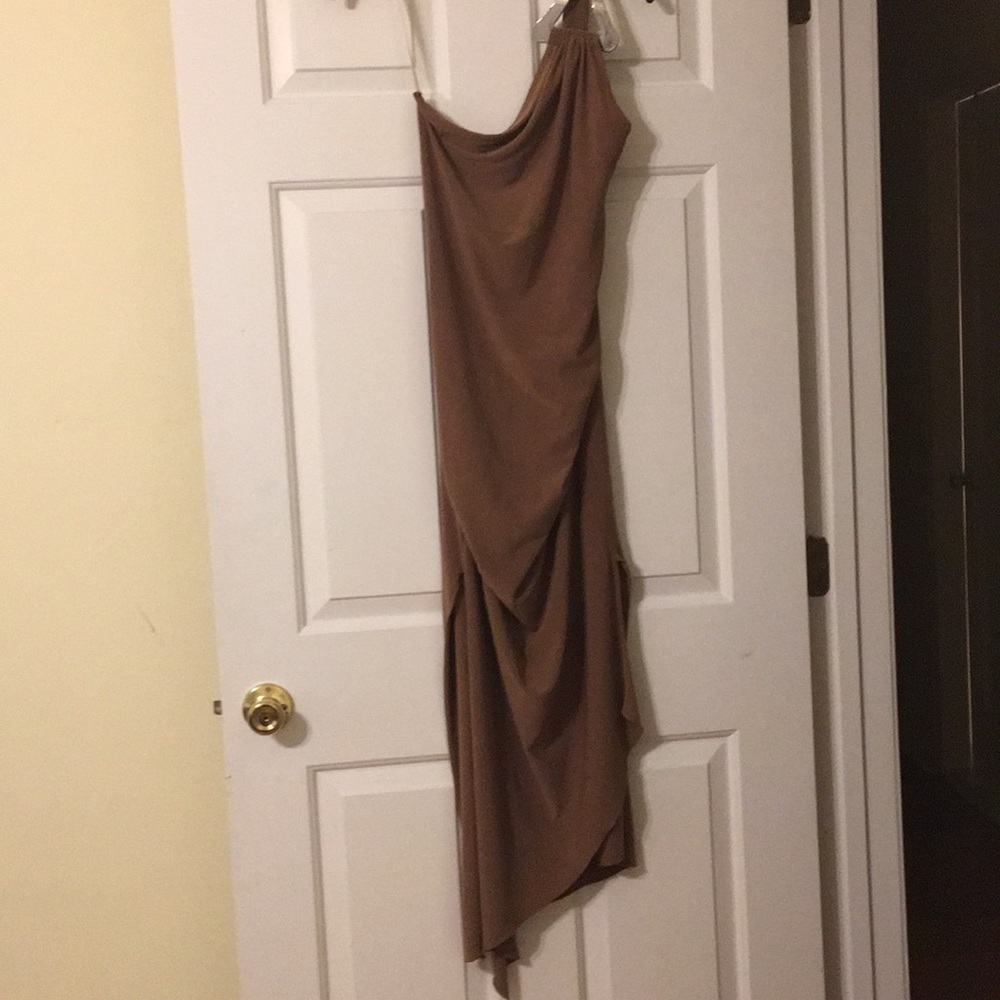 Brown party dress. Asymmetric hem. One shoulder.